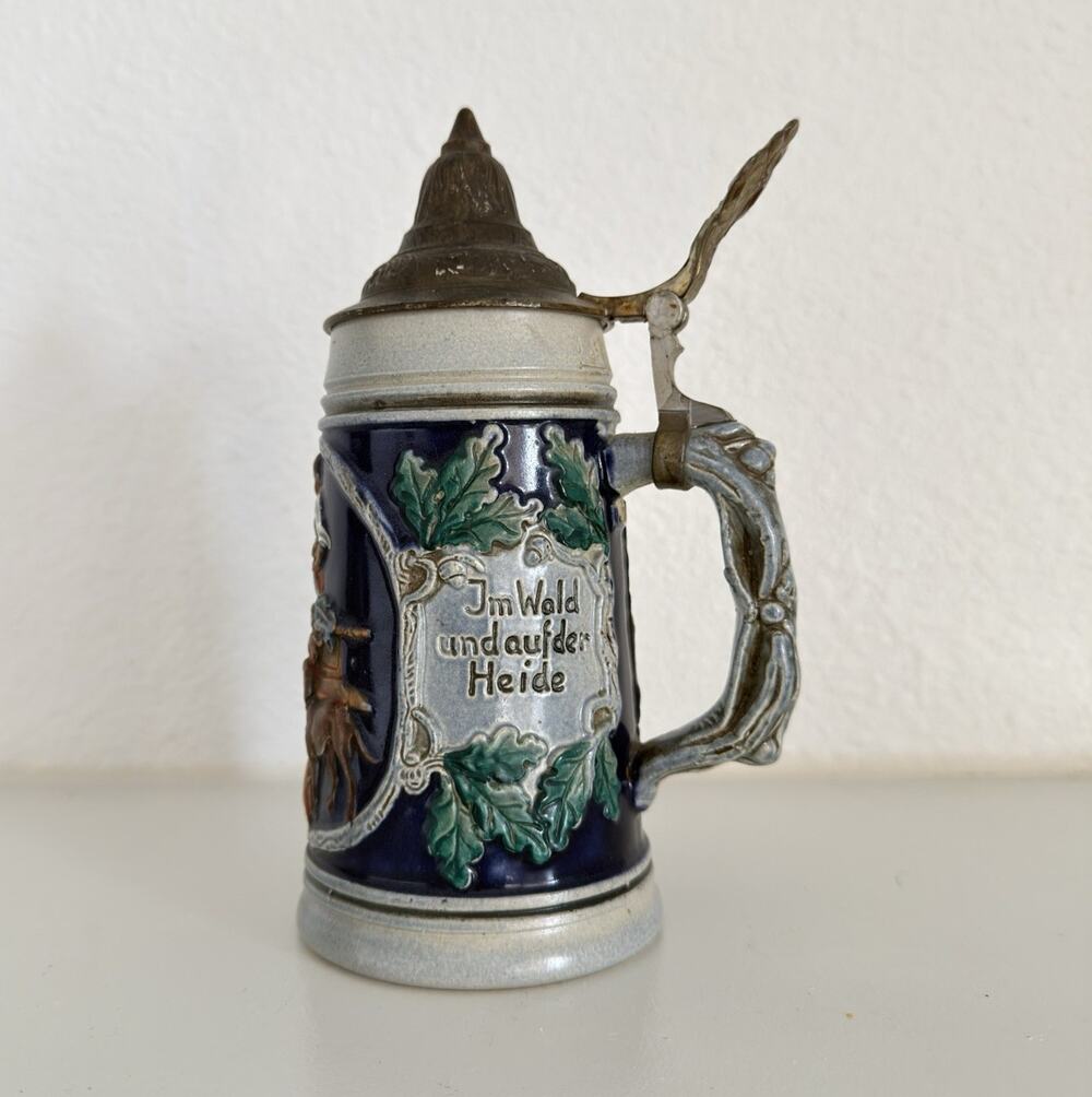 Vintage West Germany Ceramic Beer Stein w/ Pewter Lid 0.25L Postwar Collectible